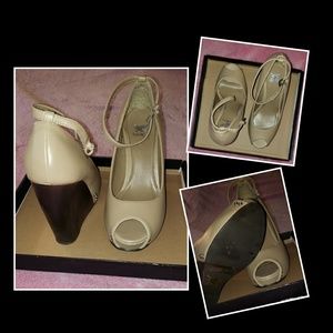 Beige Open Toe Ankle Strapped Wedge